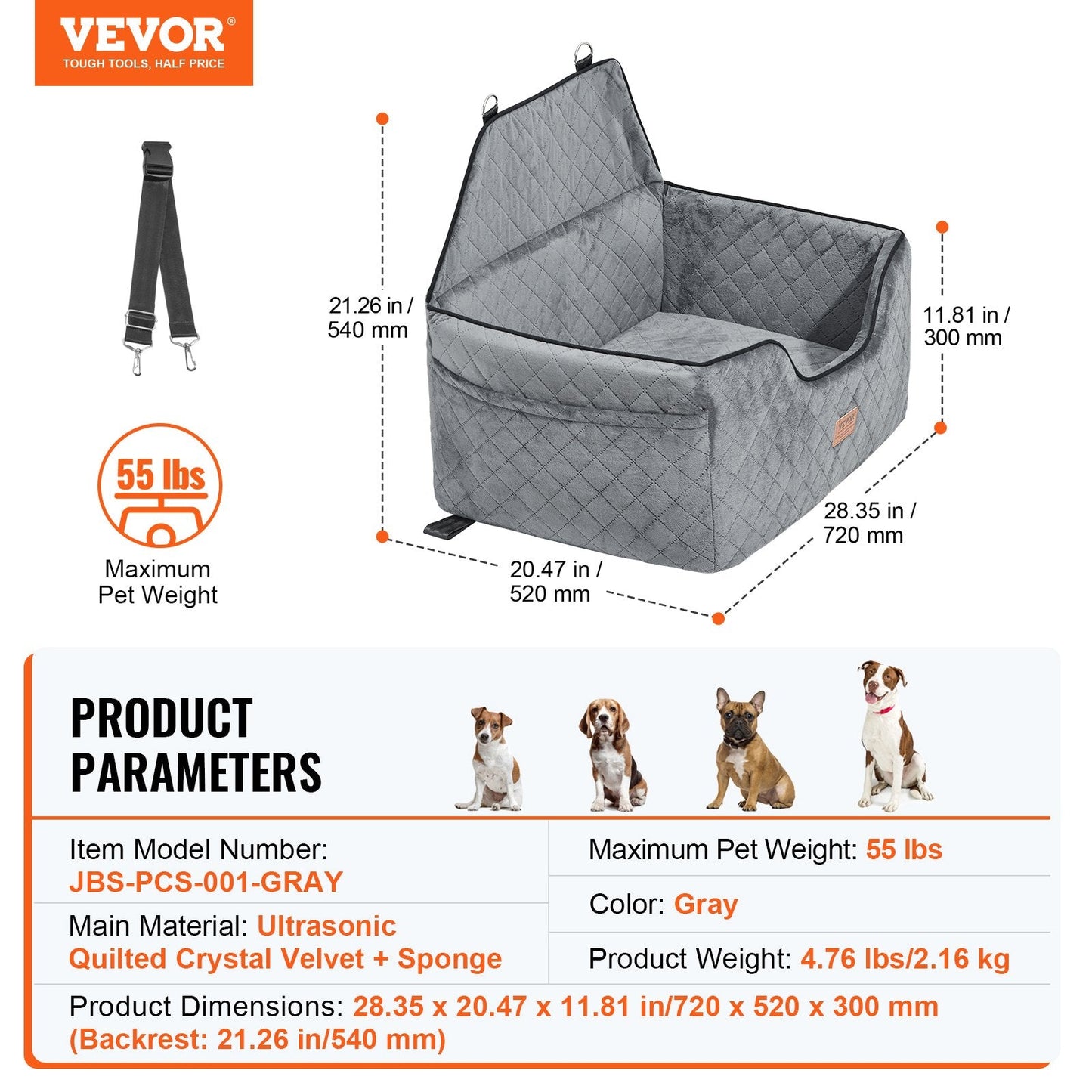 VEVOR Medium to Large Dog Car Seat Booster - Gray, Supports Pets Up to 55 lbs