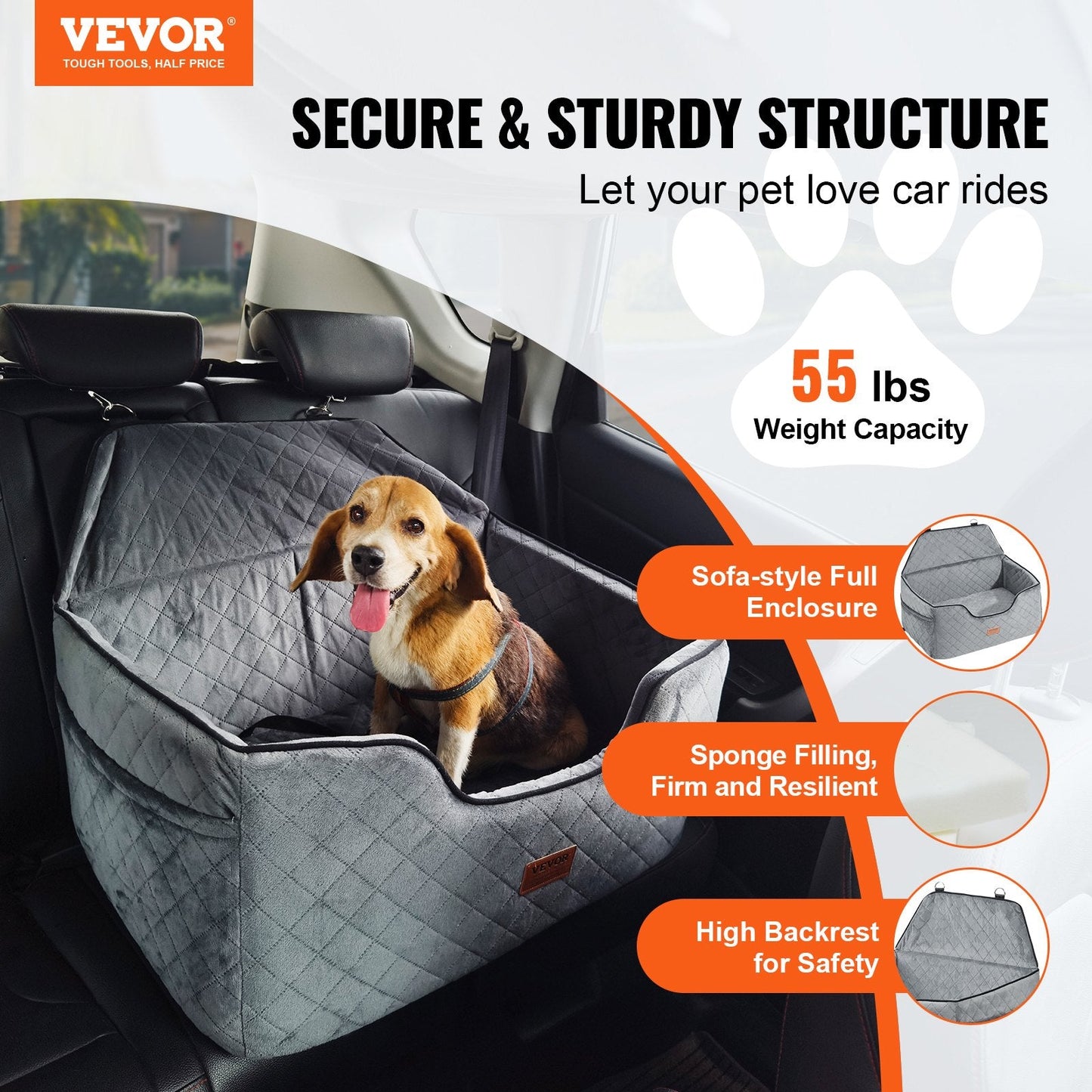 VEVOR Medium to Large Dog Car Seat Booster - Gray, Supports Pets Up to 55 lbs