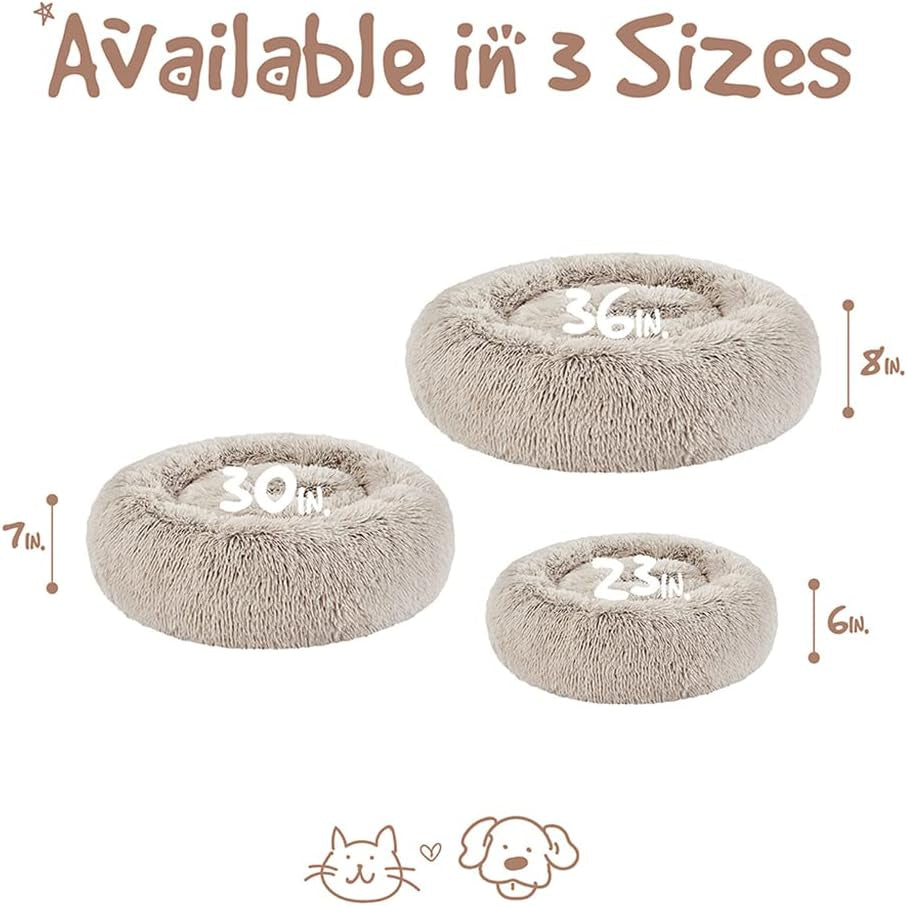 Luxurious Donut Dog Bed in Tan - Faux Fur Calming Sofa for Medium Dogs, Machine Washable with Non-Slip Bottom, Perfect for Comfort and Security