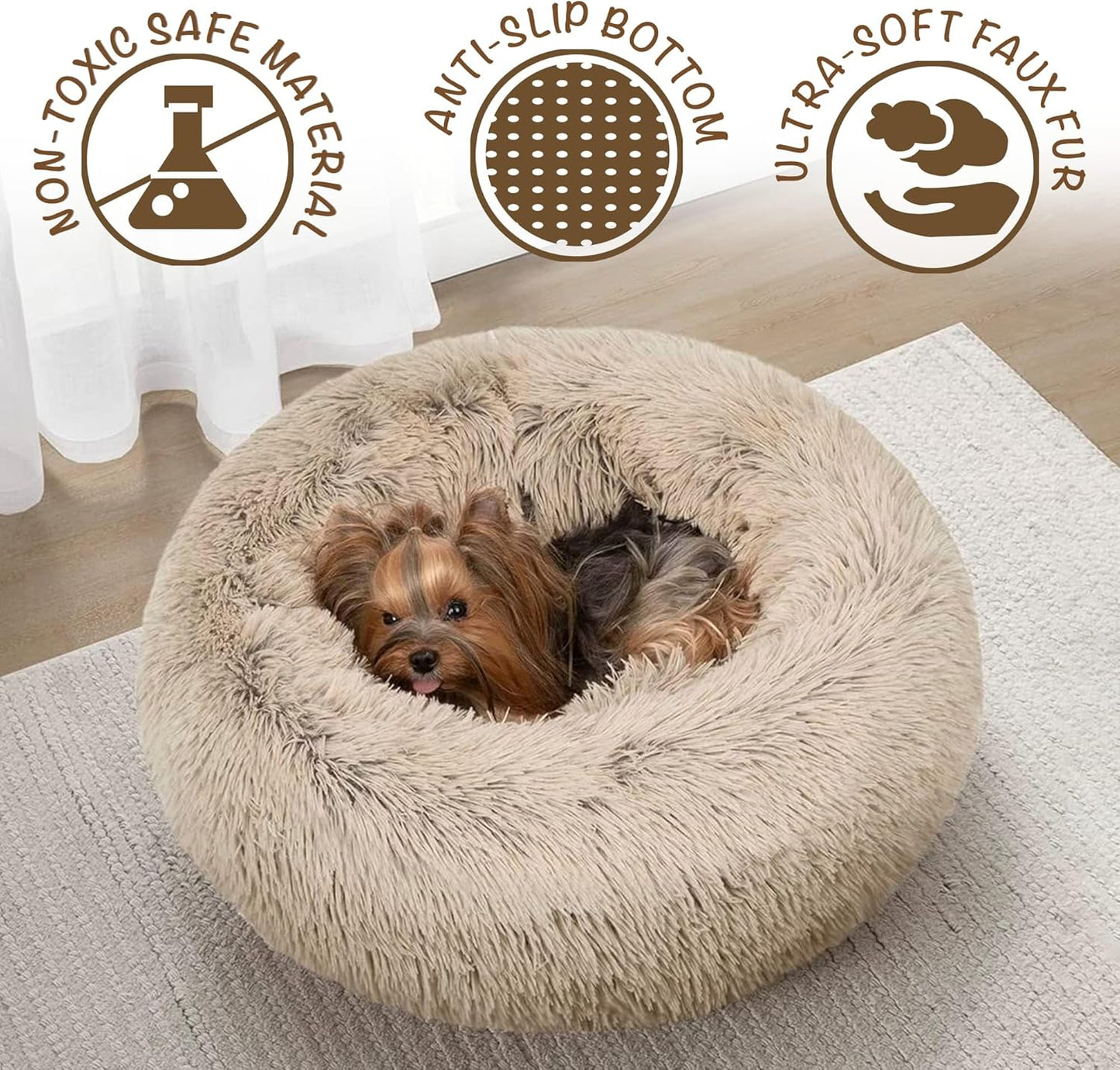 Luxurious Donut Dog Bed in Tan - Faux Fur Calming Sofa for Medium Dogs, Machine Washable with Non-Slip Bottom, Perfect for Comfort and Security