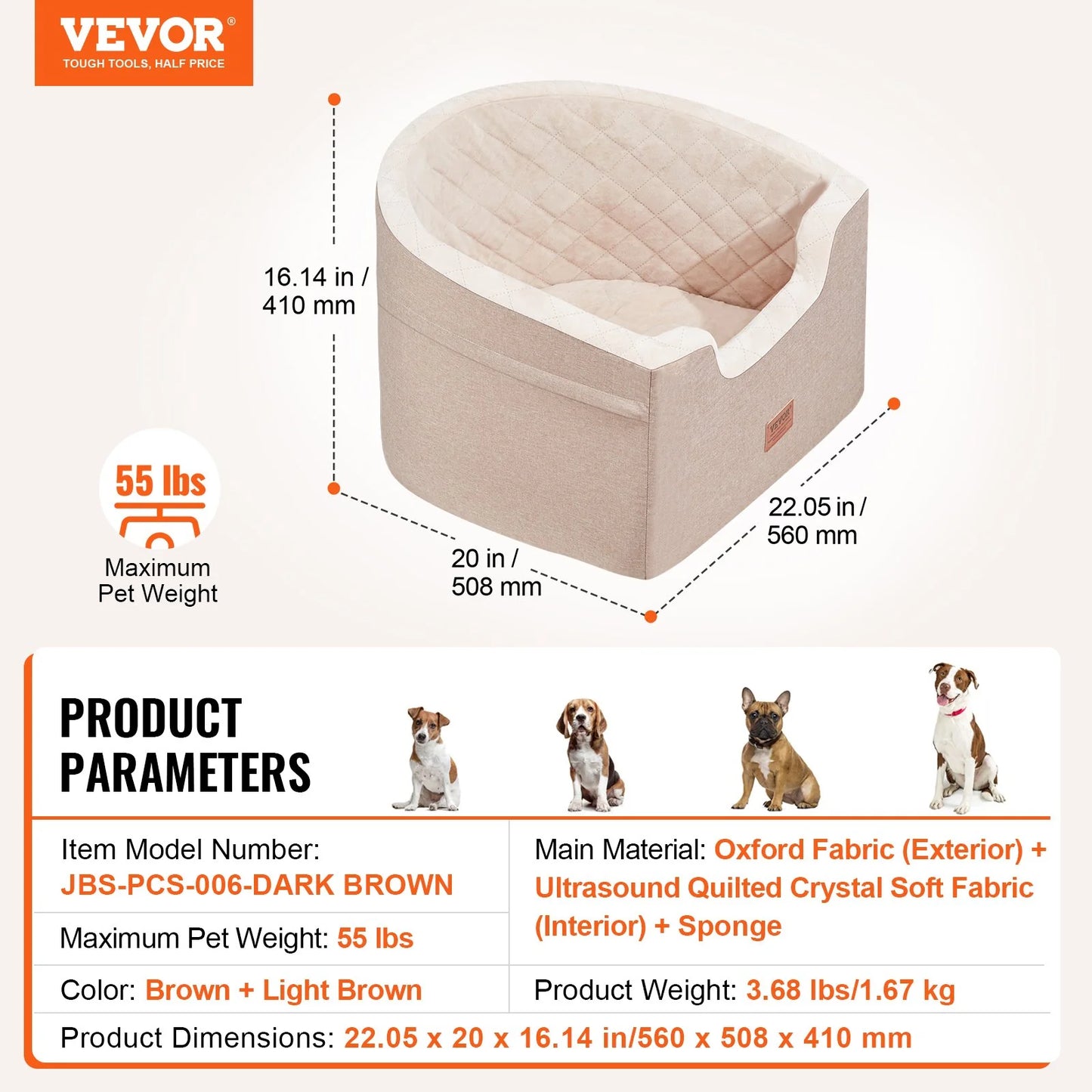 VEVOR Pet Car Seat Booster for Small to Medium Dogs (up to 55 lbs) - Brown