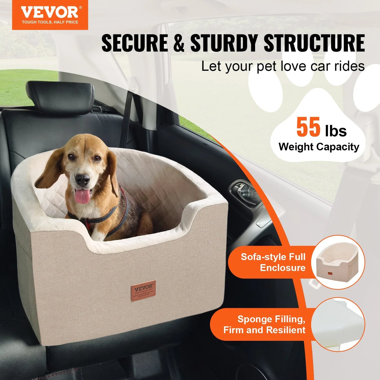 VEVOR Pet Car Seat Booster for Small to Medium Dogs (up to 55 lbs) - Brown