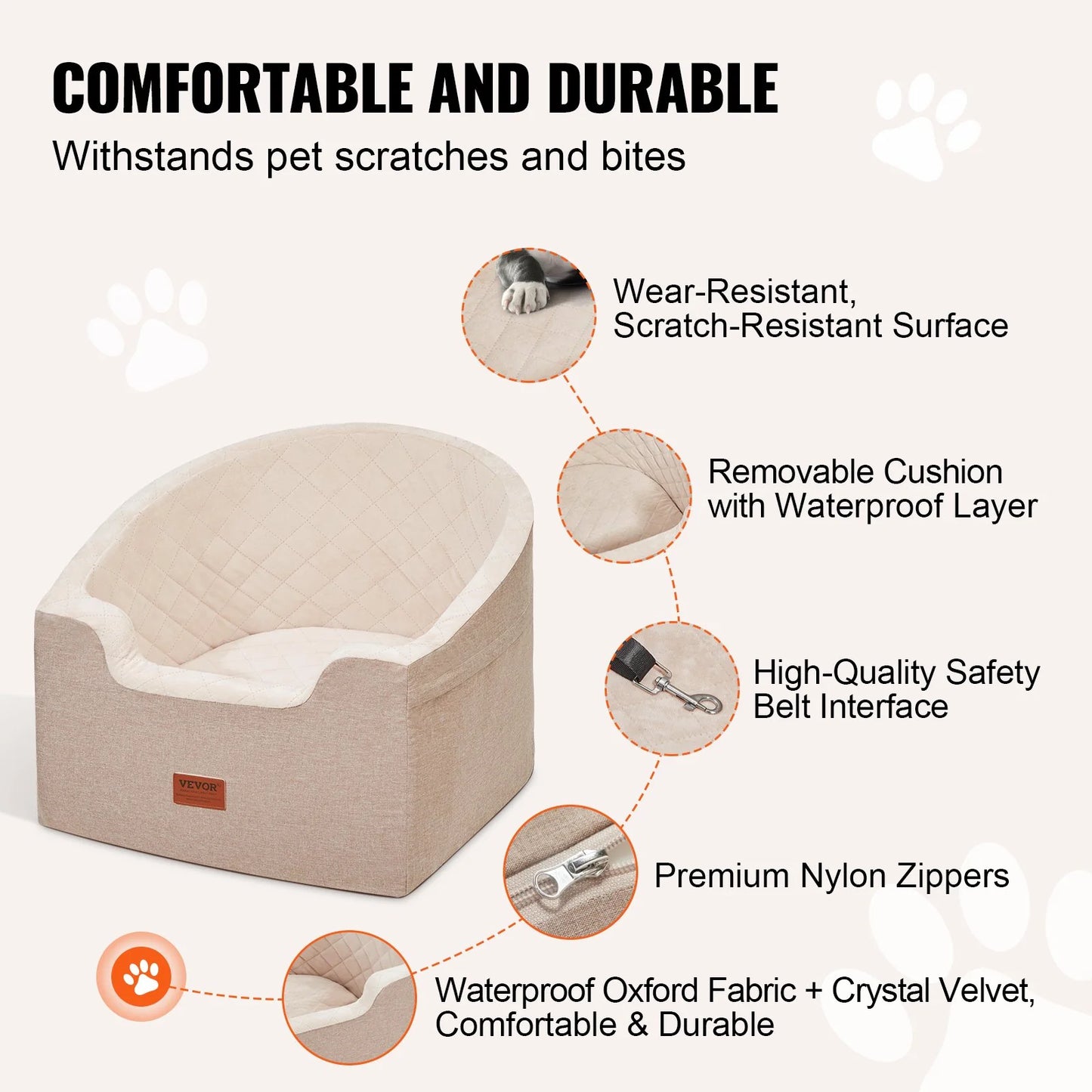 VEVOR Pet Car Seat Booster for Small to Medium Dogs (up to 55 lbs) - Brown
