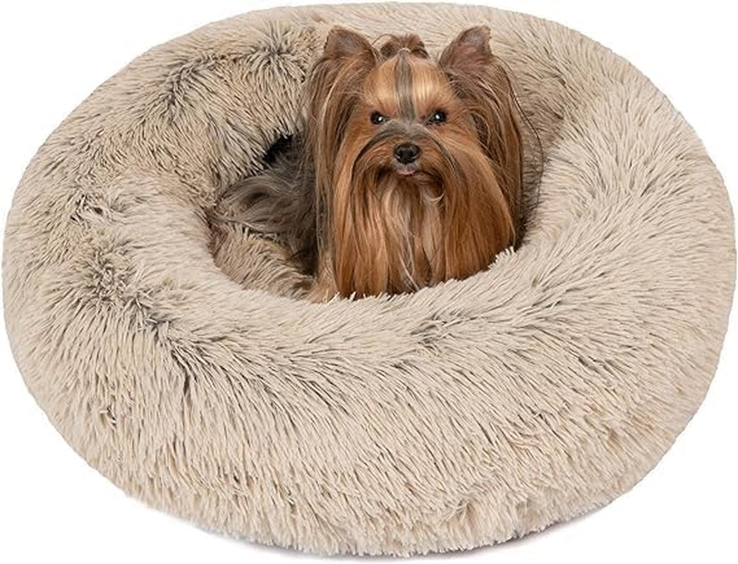 Luxurious Donut Dog Bed in Tan - Faux Fur Calming Sofa for Medium Dogs, Machine Washable with Non-Slip Bottom, Perfect for Comfort and Security