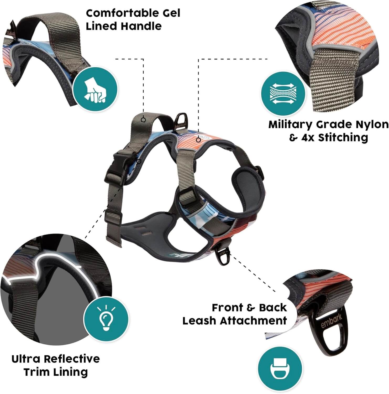 Embark Adventure Reflective No-Pull Dog Harness for Small Dogs - Military-Grade Nylon with Front Clip and Gel-Lined Handle