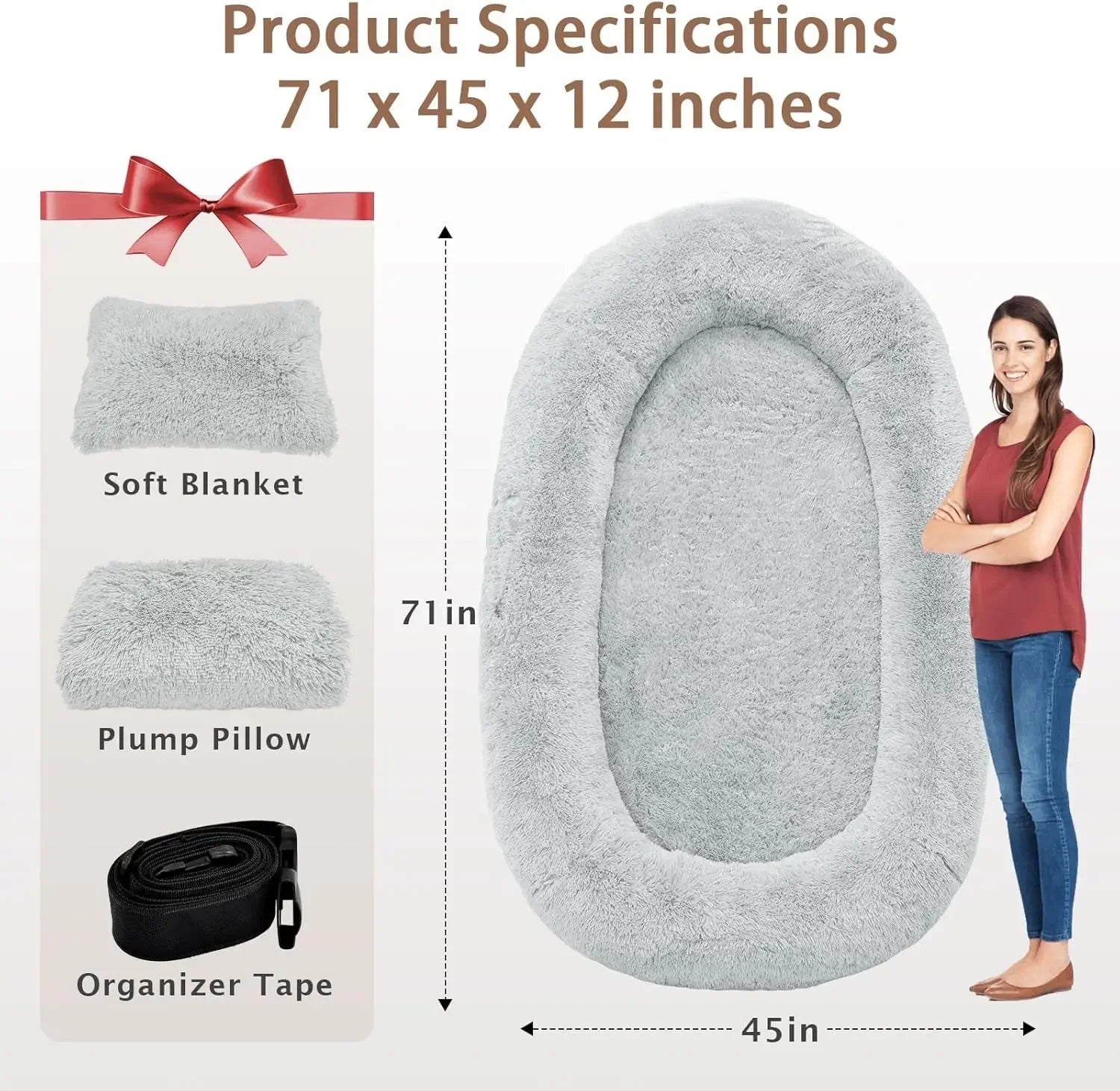 Oversized Human Dog Bed with Memory Foam - 71''x45''x12'' - Ideal for Adults and Large Pets - Washable and Waterproof with Plush Comfort Accessories