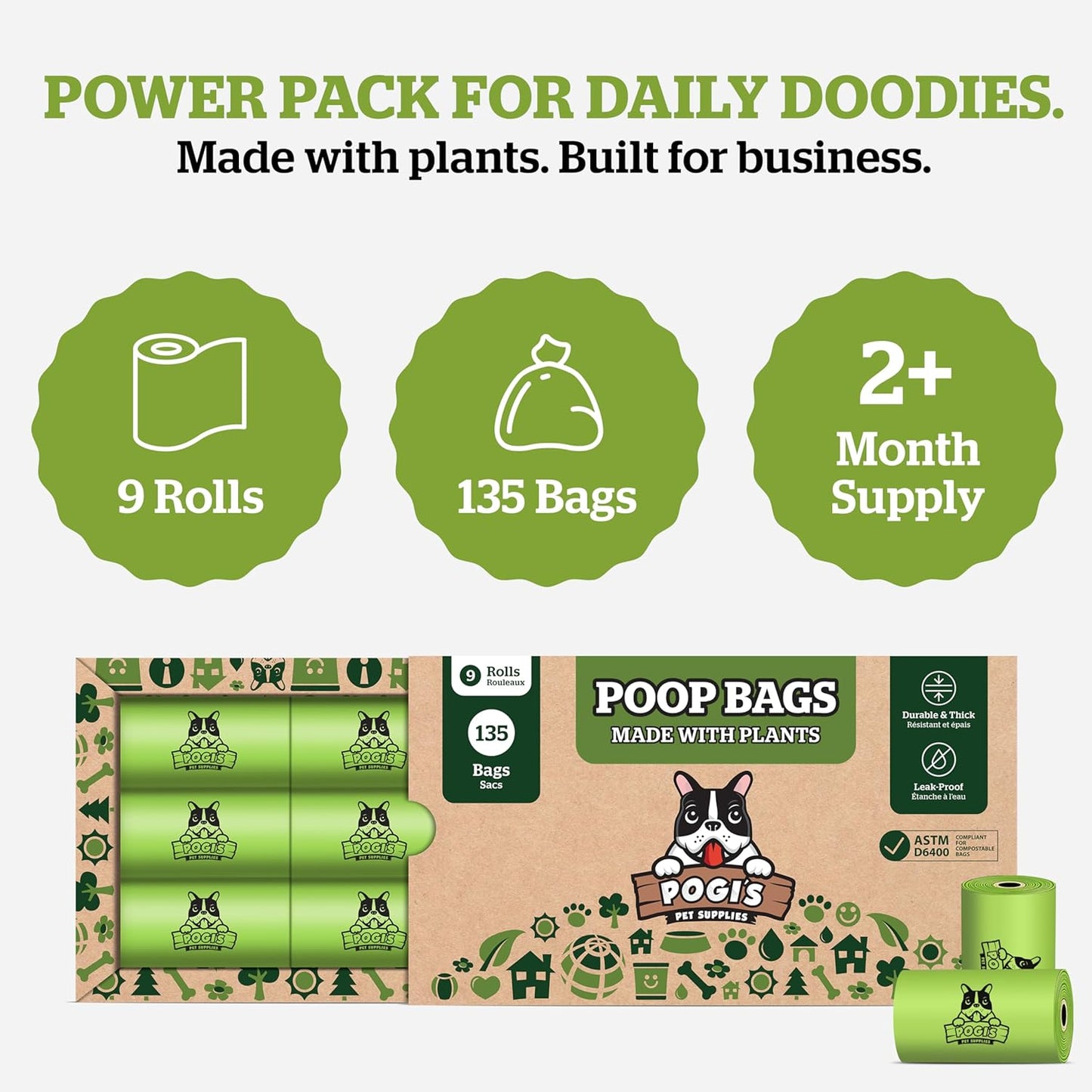 Pogi's Eco-Friendly Extra-Large Compostable Dog Waste Bags – Durable, Leak-Proof, Plant-Based – 135 Count for Sustainable Pet Waste Management