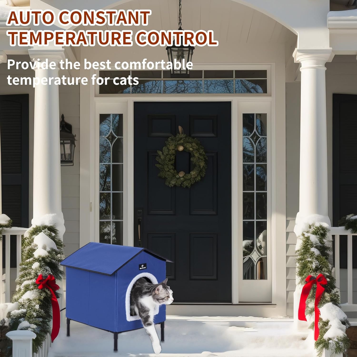 Heated Cat House for Winter: Cozy Shelter for Indoor and Outdoor Cats with Thermostatic Control - Dark Blue, Small