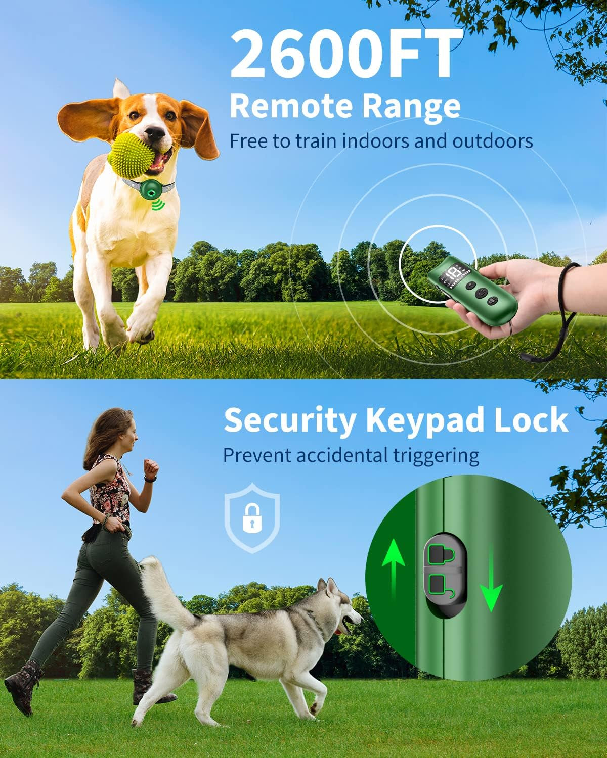 Advanced Rechargeable Dog Training Collar with Remote Control - 2600FT Range, Beep, Vibration, Static Shock, and Safety Lock for All Dog Sizes