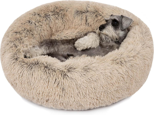 Luxurious Donut Dog Bed in Tan - Faux Fur Calming Sofa for Medium Dogs, Machine Washable with Non-Slip Bottom, Perfect for Comfort and Security