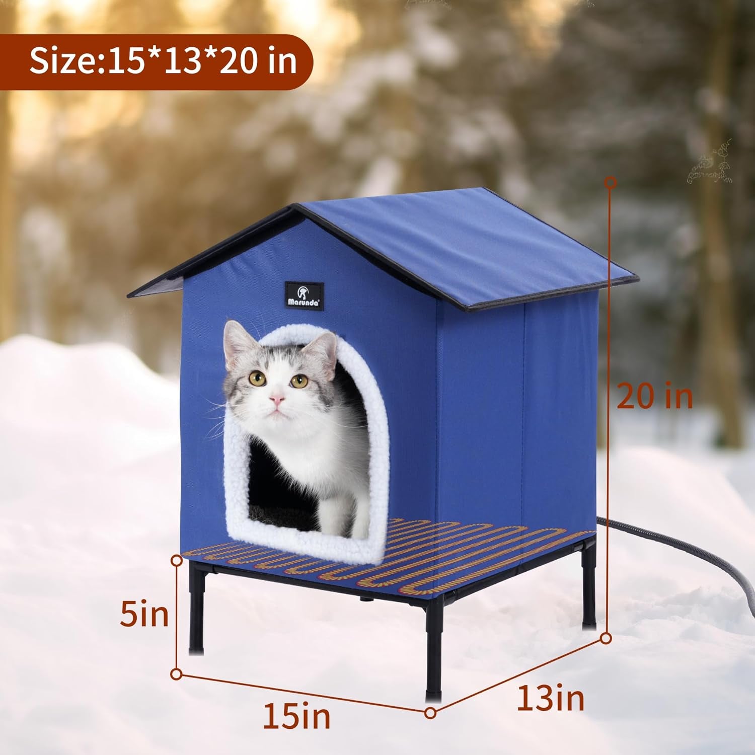 Heated Cat House for Winter: Cozy Shelter for Indoor and Outdoor Cats with Thermostatic Control - Dark Blue, Small