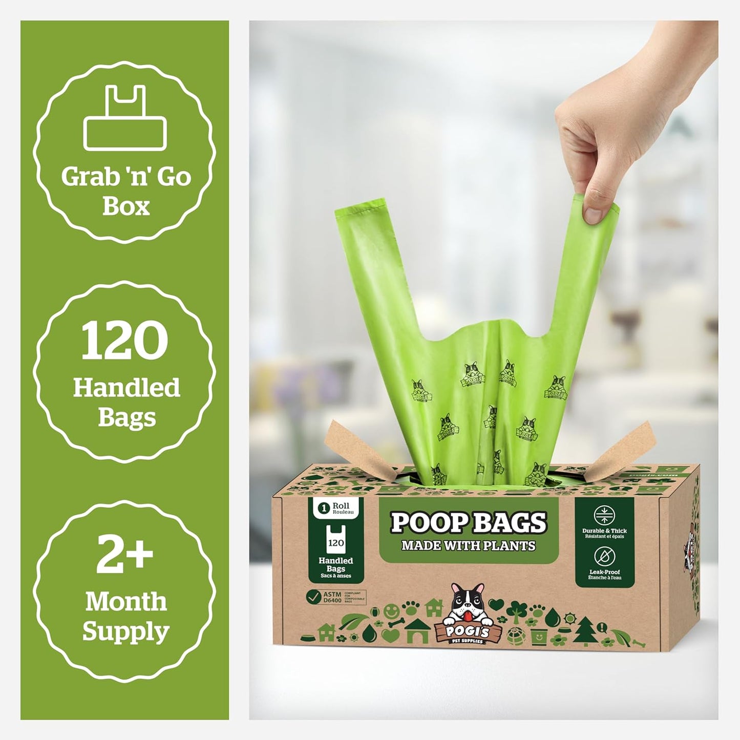 Pogi's Eco-Friendly Compostable Dog Waste Bags with Convenient Tie Handles – Leak-Proof, Extra-Large, Plant-Based (120 Count, Single Roll)