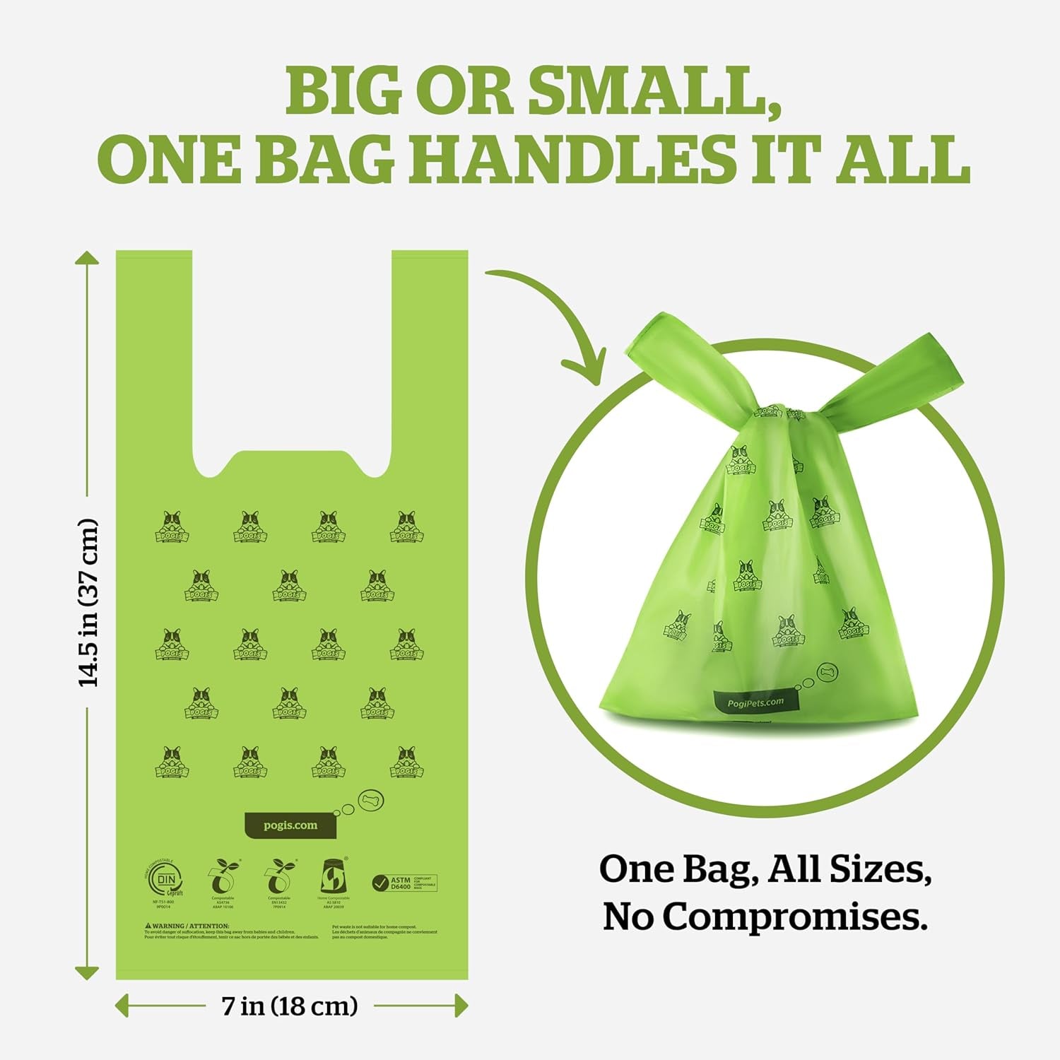 Pogi's Eco-Friendly Compostable Dog Waste Bags with Convenient Tie Handles – Leak-Proof, Extra-Large, Plant-Based (120 Count, Single Roll)