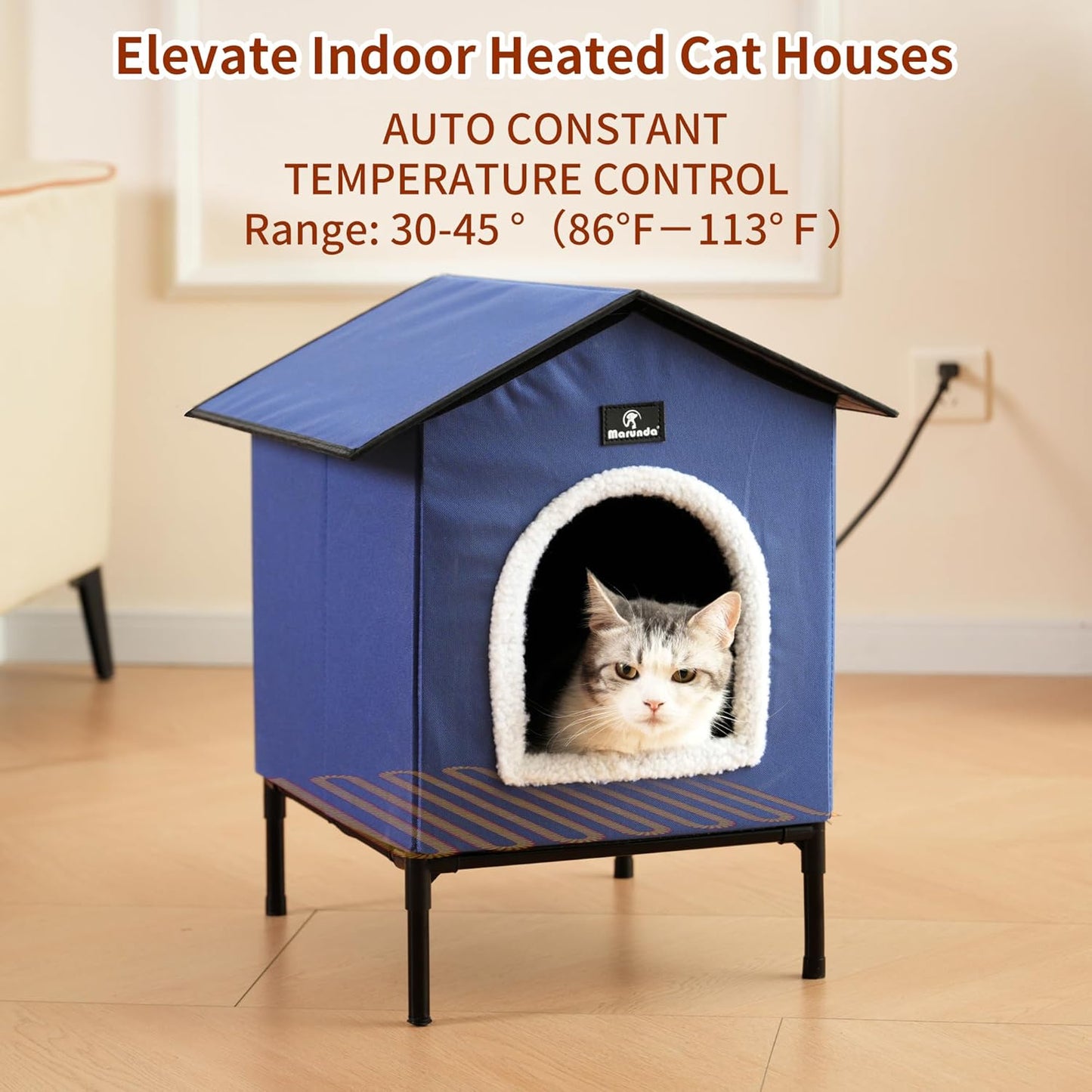 Heated Cat House for Winter: Cozy Shelter for Indoor and Outdoor Cats with Thermostatic Control - Dark Blue, Small