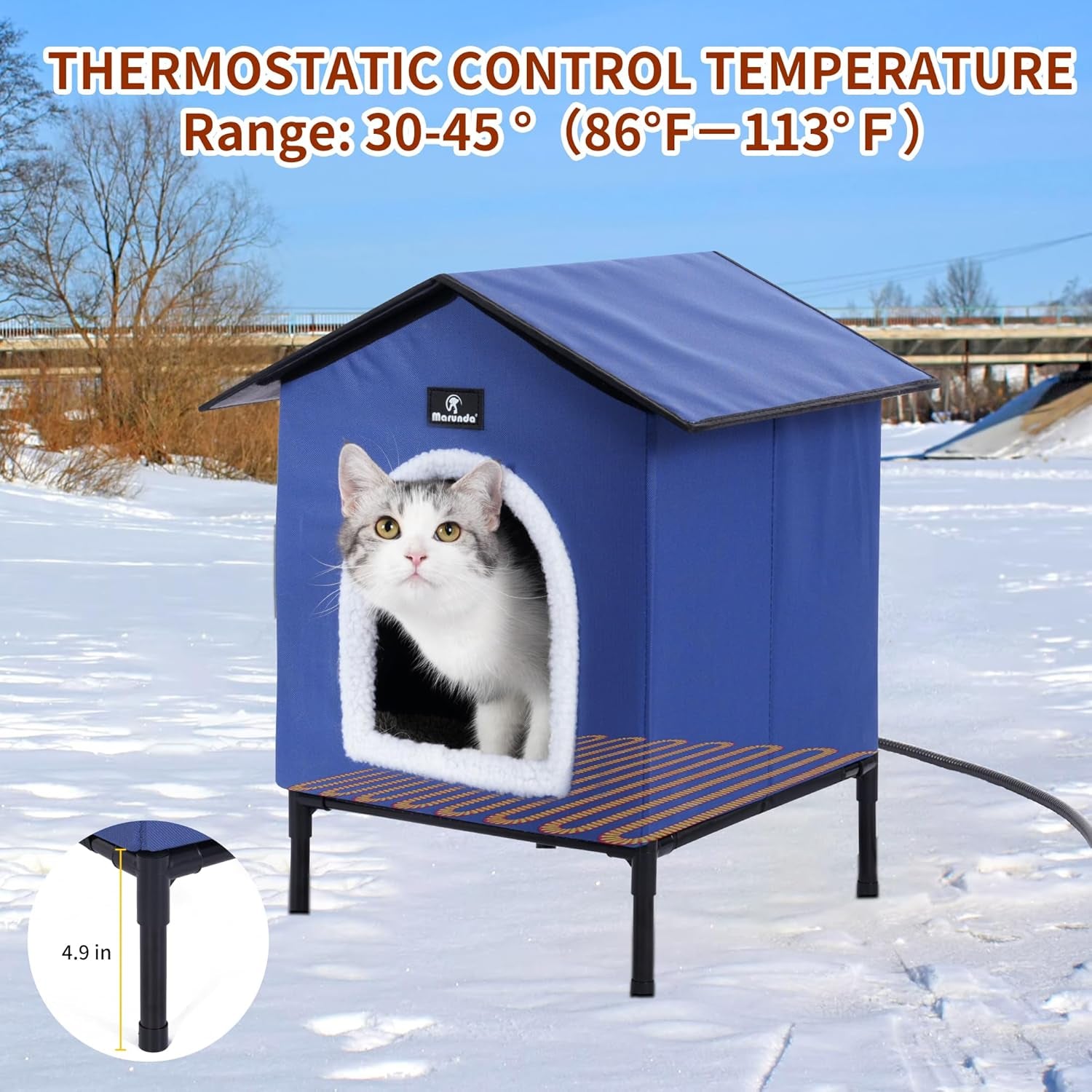 Heated Cat House for Winter: Cozy Shelter for Indoor and Outdoor Cats with Thermostatic Control - Dark Blue, Small