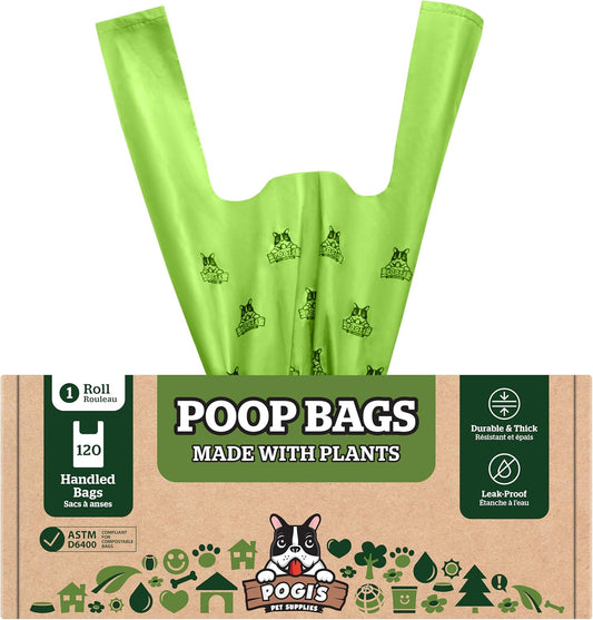 Pogi's Eco-Friendly Compostable Dog Waste Bags with Convenient Tie Handles – Leak-Proof, Extra-Large, Plant-Based (120 Count, Single Roll)