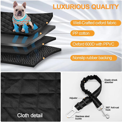 Premium Waterproof Dog Car Seat Cover - Ultimate Back Seat Protector with Adjustable Seat Belts in Stylish Black